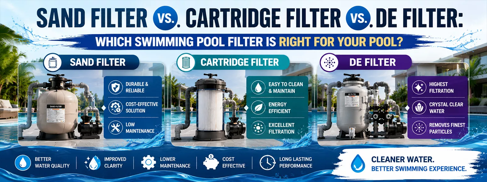 Sand Filter vs. Cartridge Filter vs. DE Filter: Which Swimming Pool Filter Is Right for Your Pool?