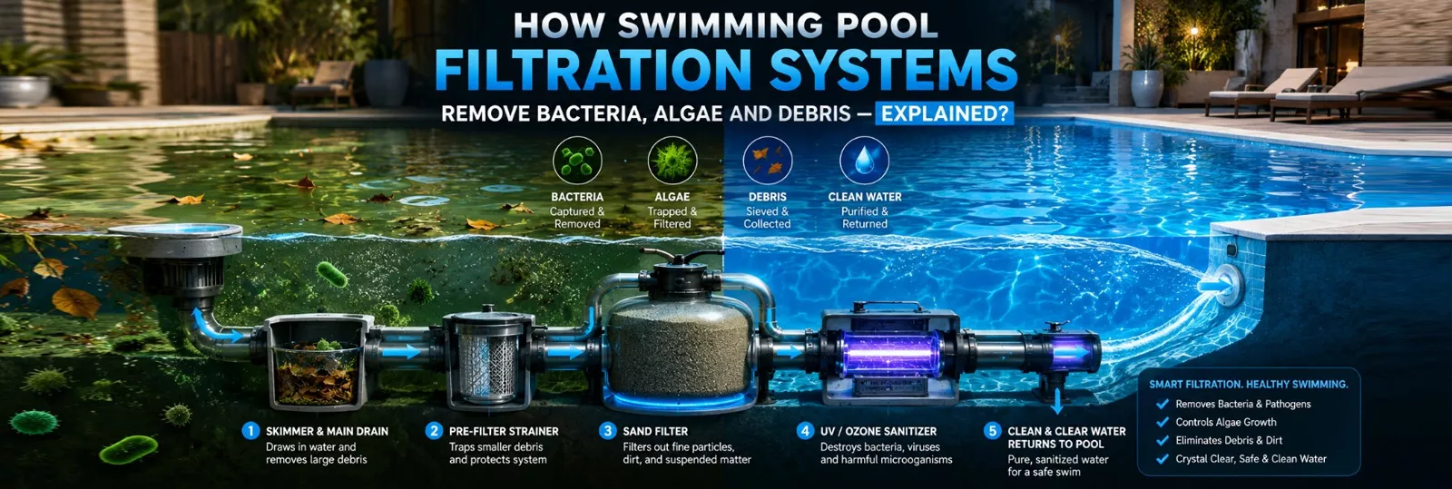 How Swimming Pool Filtration Systems Remove Bacteria, Algae and Debris — Explained?